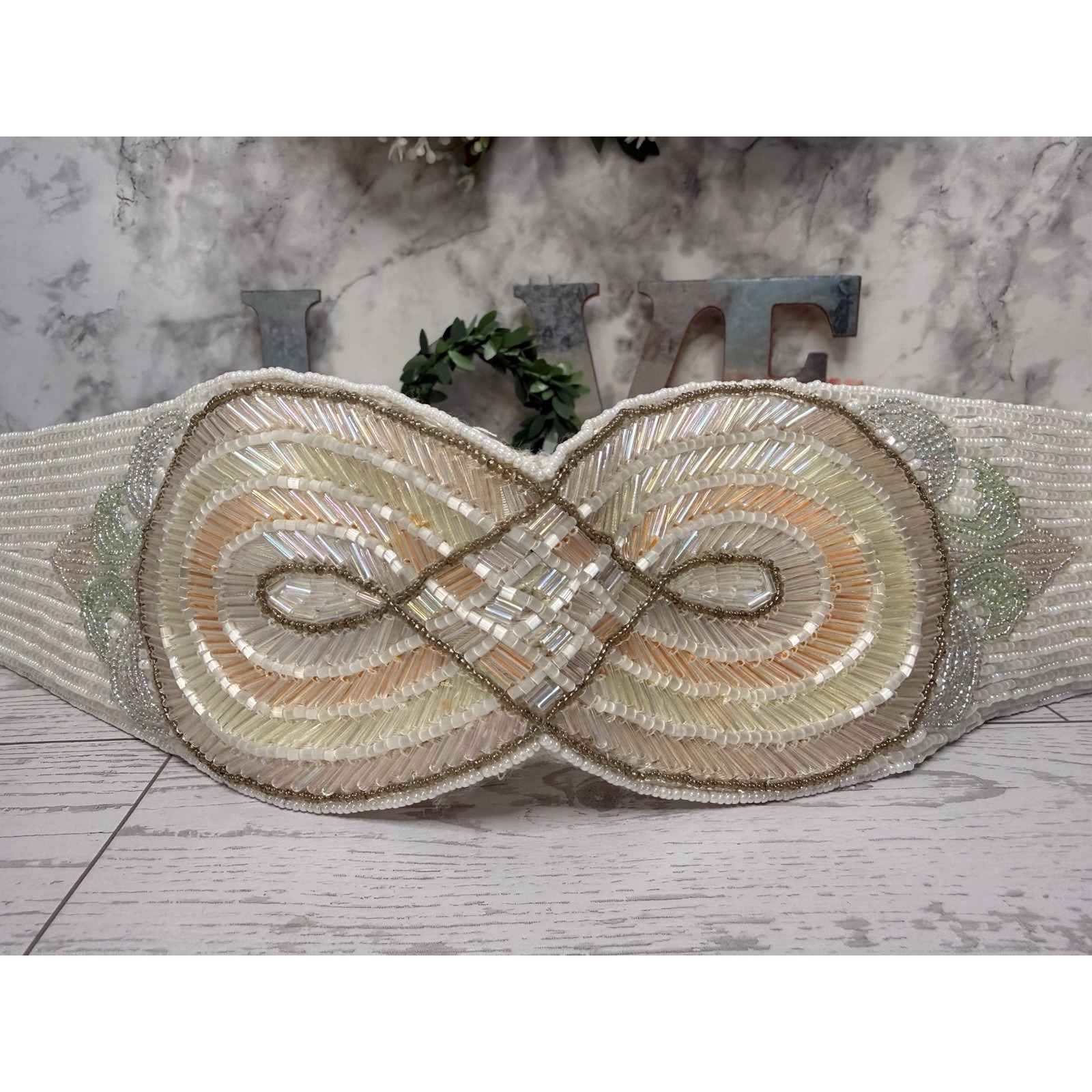 1980s Vintage Handmade Milor Beaded White 3" Belt Medium 80s Vibe Disco Glam Euc